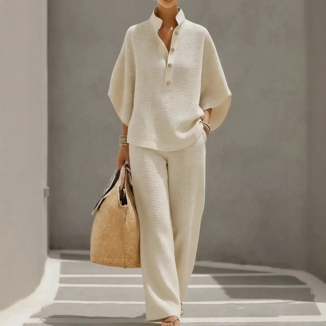 Women's Lightweight Waffle Knit Two-Piece Set with Stand Collar, Button Placket, and Palazzo Pants Mune Fashion