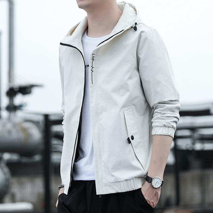 Men's Lightweight Hooded Windbreaker in Urban Minimal Style with Concealed Zipper and Elastic Cuffs.