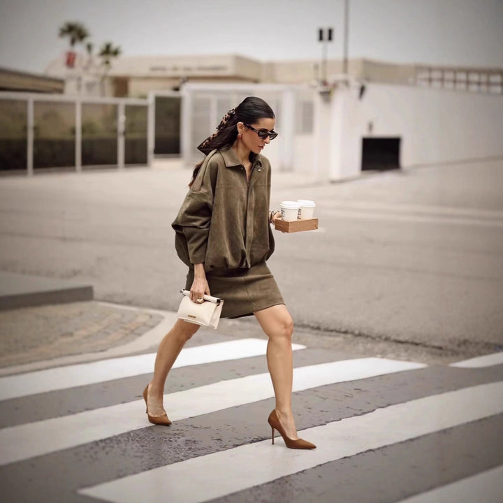Women's Cropped Boxy Suede-Look Bomber Jacket with Epaulet Shoulders Mune Fashion