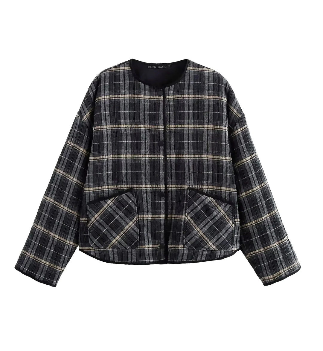 Women's quilted check jacket with round neck, light padding, and oversized patch pockets Mune Fashion