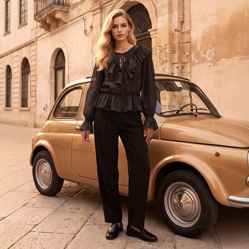 Women Ruffled transparent chiffon blouse with flounce peplum, long balloon sleeves and drawstring closure Mune Fashion