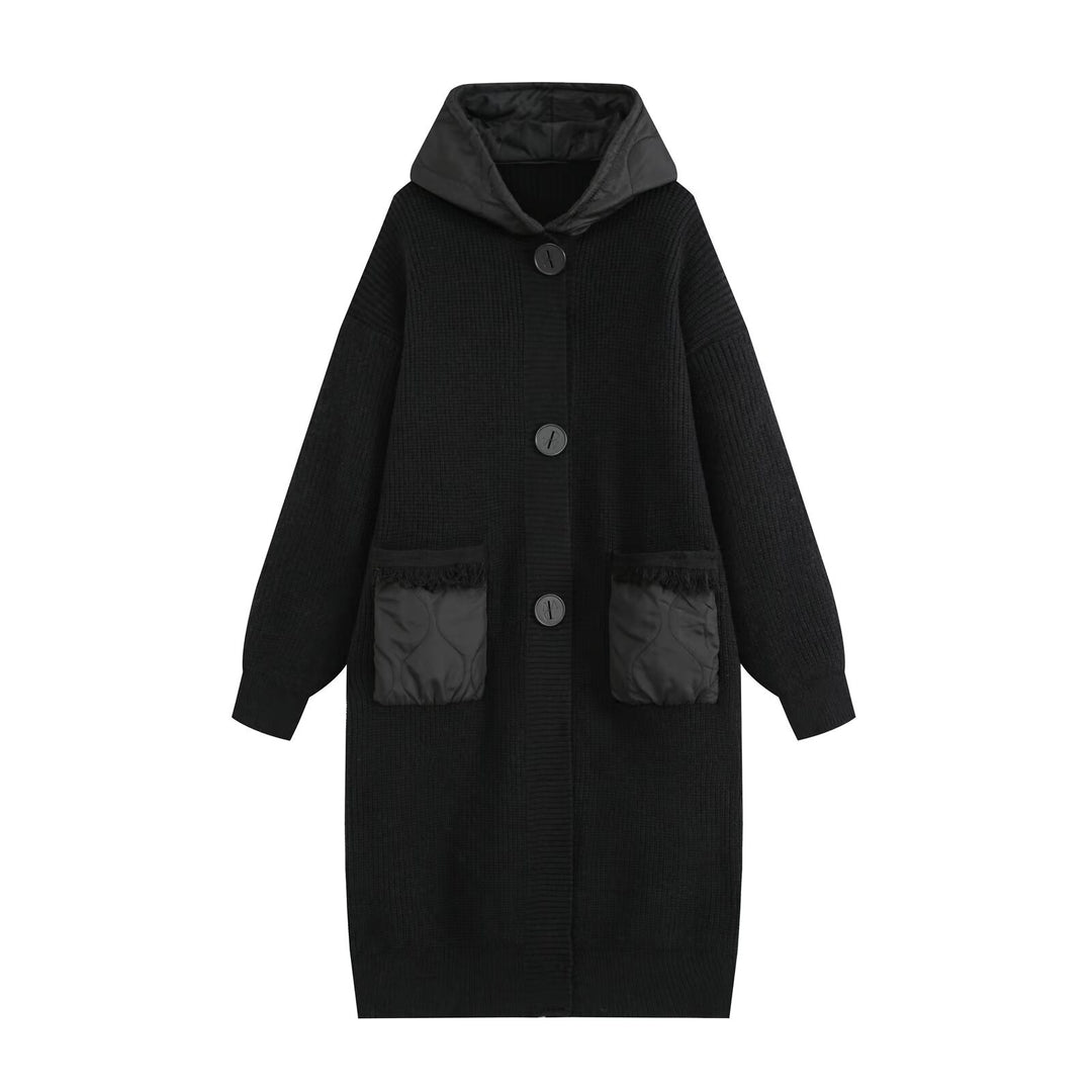 Women's Longline Chunky Knit Coat with Quilted Hood and Oversized Front Pockets Drune