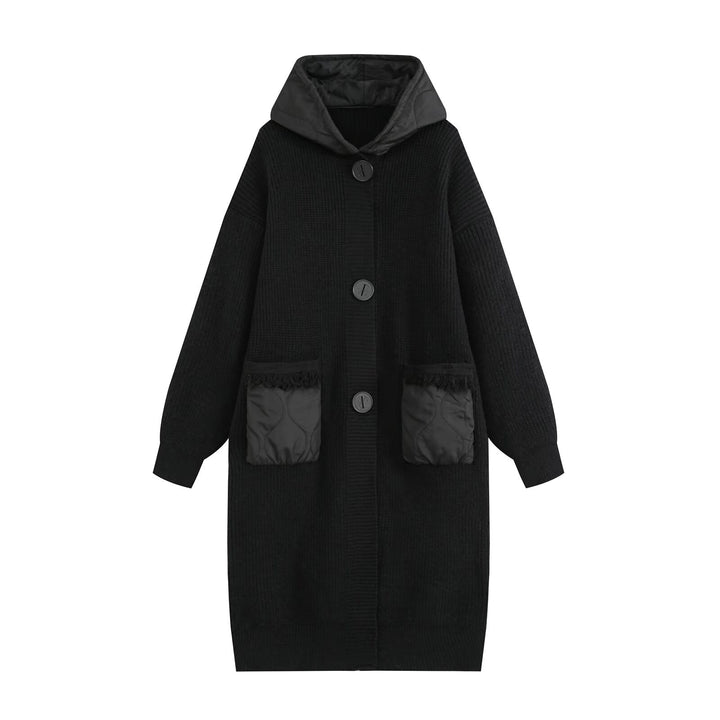 Women's Longline Chunky Knit Coat with Quilted Hood and Oversized Front Pockets Drune