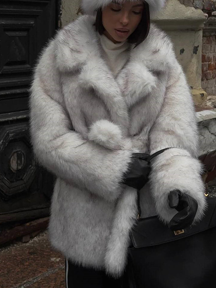 Women Voluminous Short Coat made of Faux Fur with Waist Belt and Oversized Shawl Collar Mune Fashion