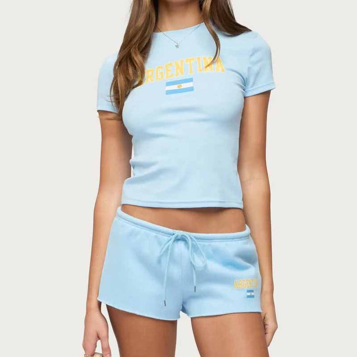 Women’s short crop T-shirt and sweatshorts set with French flag print Mune Fashion