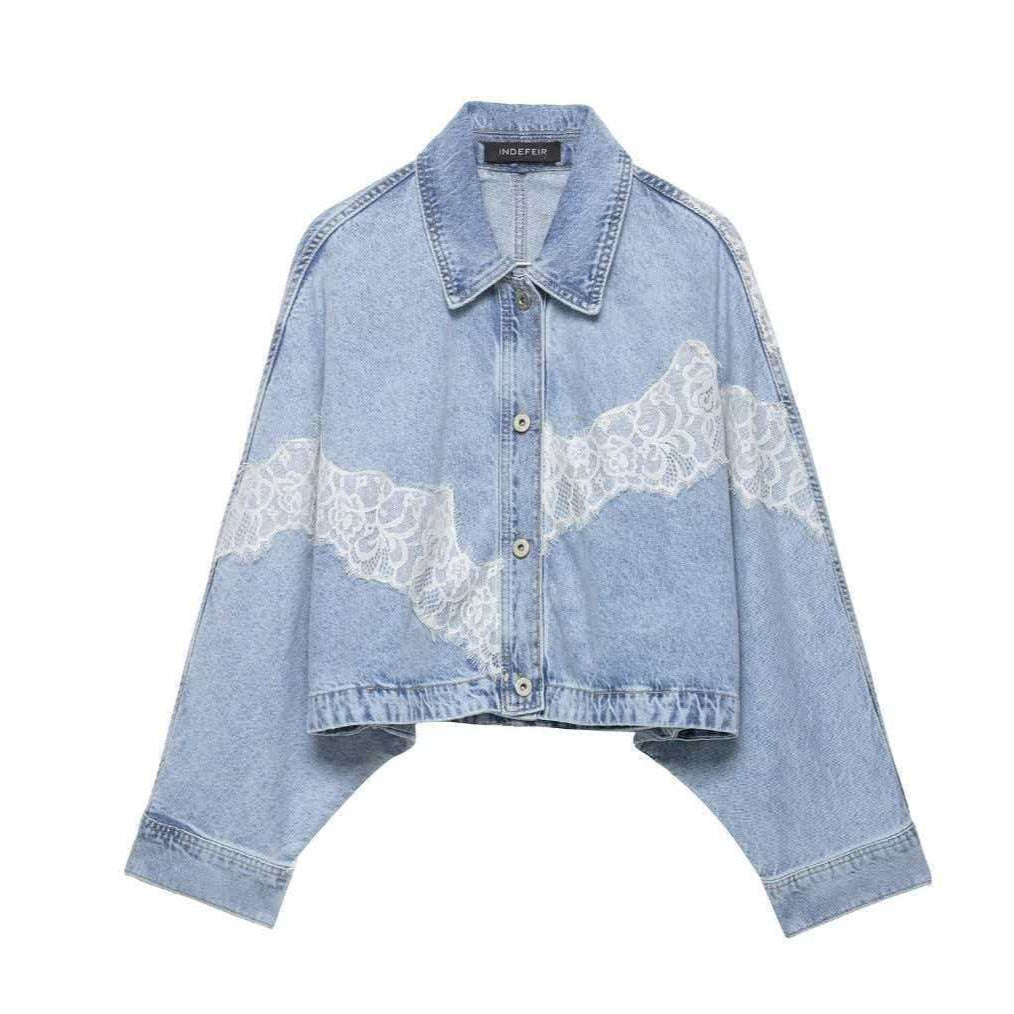 Women's oversized denim jacket with lace trim, boxy cropped cut, and dropped sleeves Mune Fashion
