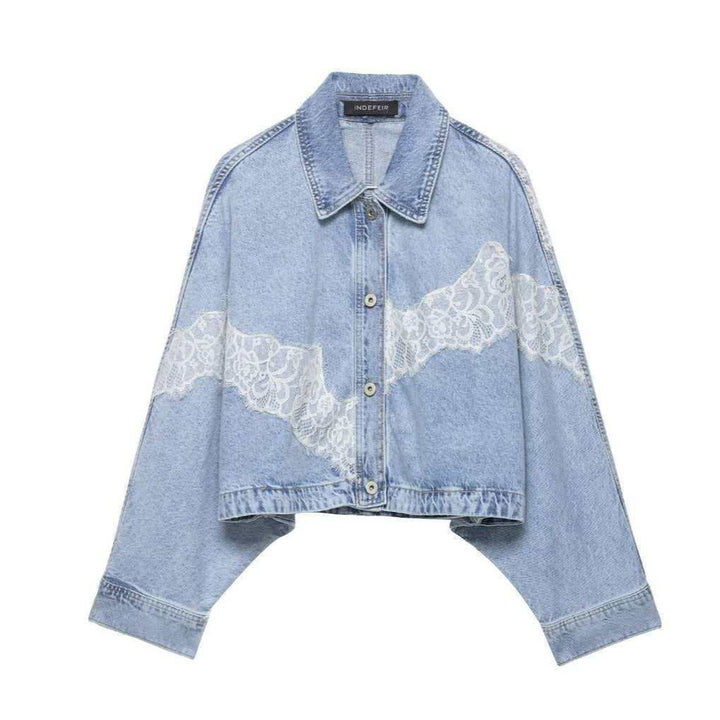 Women's oversized denim jacket with lace trim, boxy cropped cut, and dropped sleeves Mune Fashion