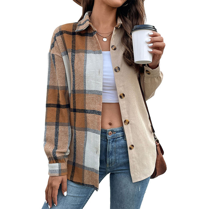 Women’s Oversized Shirt Jacket with Split Check and Solid Look and Button Placket Mune Fashion