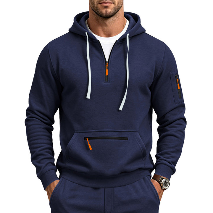 Men's Hooded Sweatshirt with Half-Zip, Kangaroo Pocket and Zipper Pockets Mune Fashion