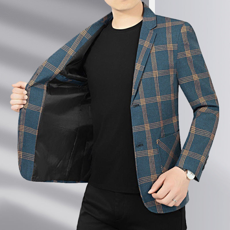 Men's modern checked tailored blazer made from wool blend with contrasting seam details and patch front pockets Mune Fashion
