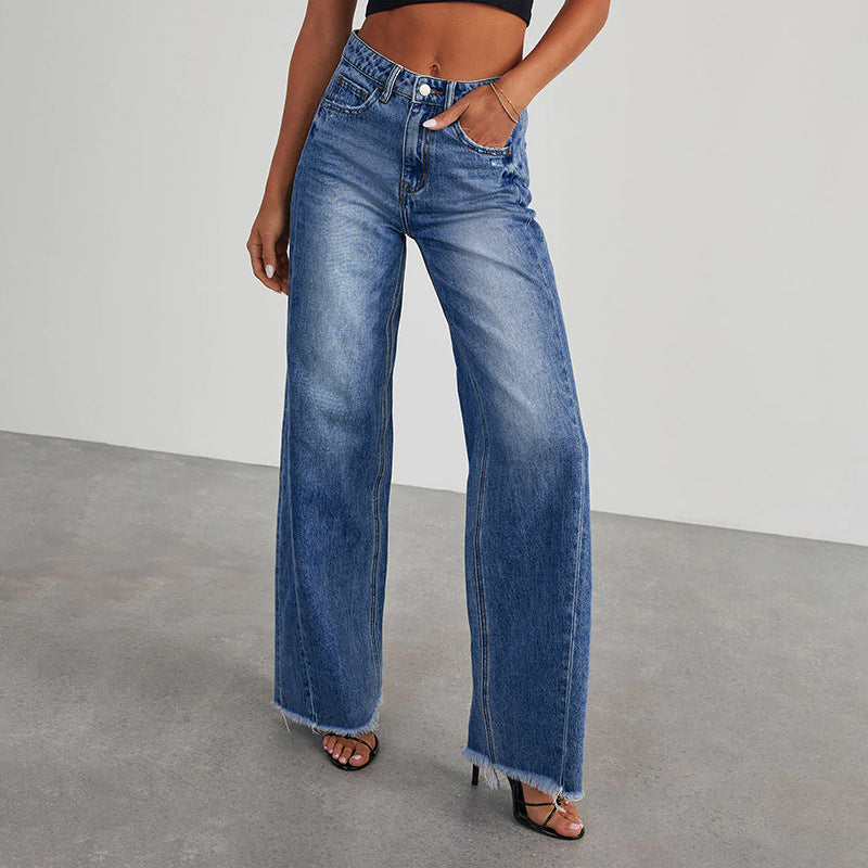 Women High-Waist Flared Jeans with Wide Leg and Frayed Hem Mune Fashion