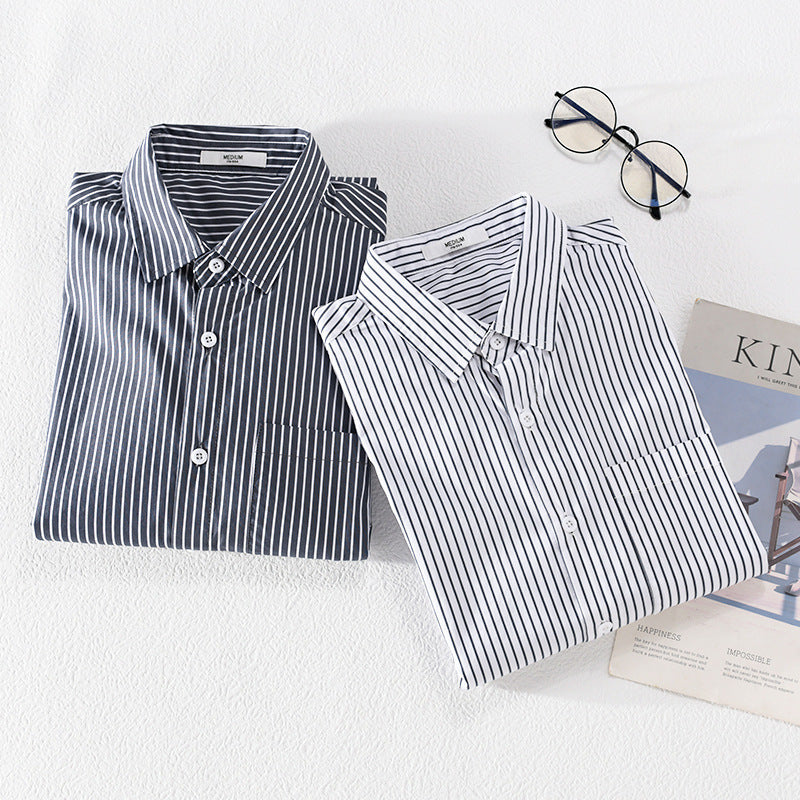 Men's Lightweight Long Sleeve Shirt Made of Cotton Blend with Fine Vertical Stripes and Chest Pocket Mune Fashion