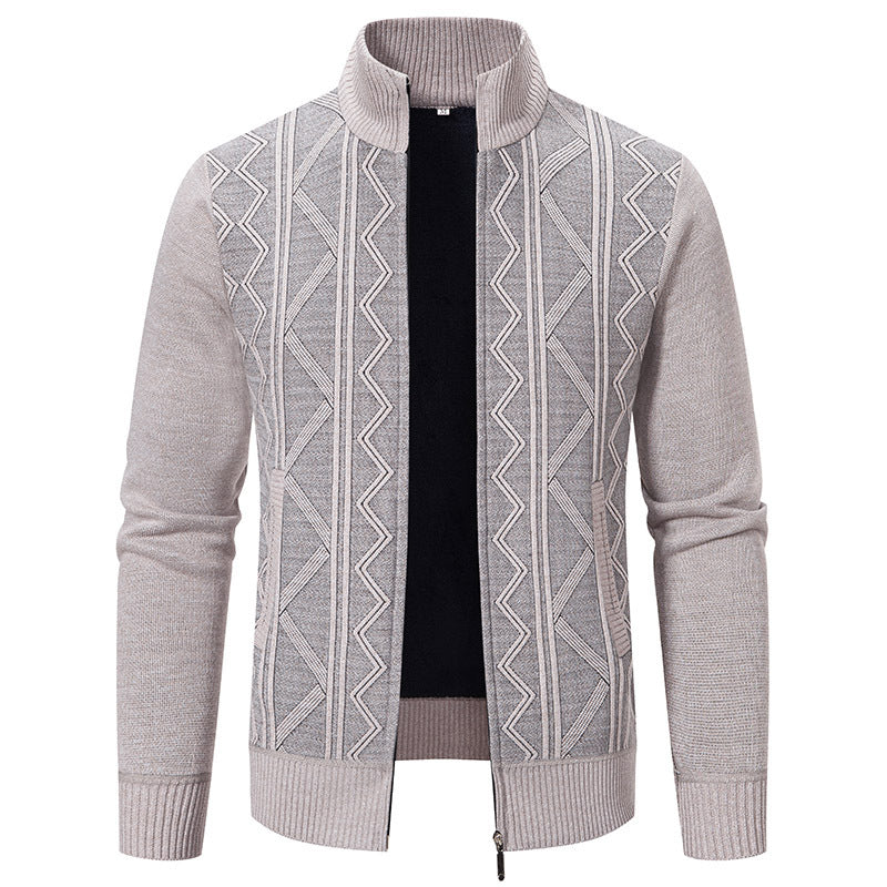 Men's knitted zip cardigan with stand-up collar, geometric textured pattern and concealed pockets Mune Fashion