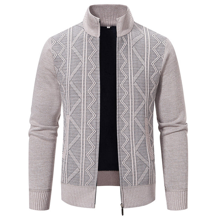 Men's knitted zip cardigan with stand-up collar, geometric textured pattern and concealed pockets Mune Fashion