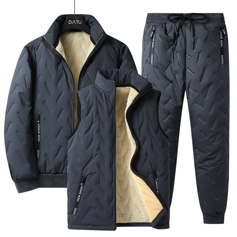 Men's Three-Piece Quilted Winter Set with Teddy Lining — Stand Collar Jacket, Padded Vest & Thermal Pants Mune Fashion