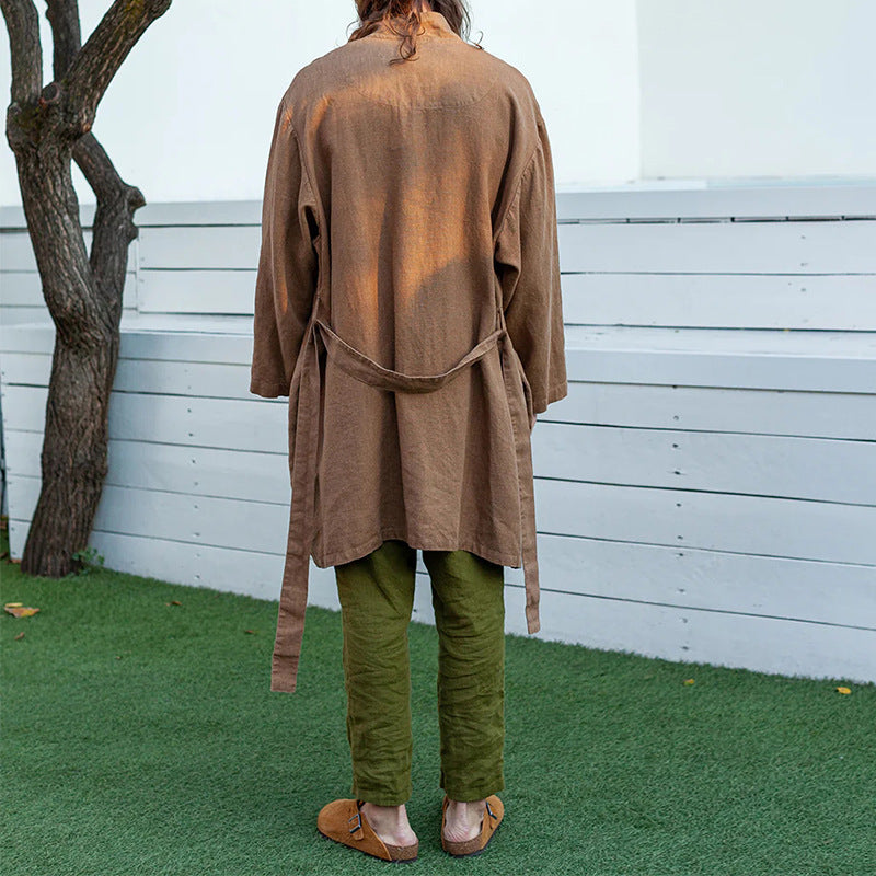 Men's Long Linen Kimono Coat in Relaxed Fit with Tie Belt Mune Fashion