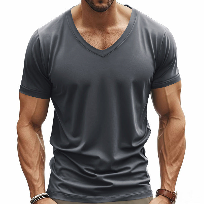 Men's V-neck T-shirt made of stretch cotton with ergonomic shoulder cut and flat hem Mune Fashion