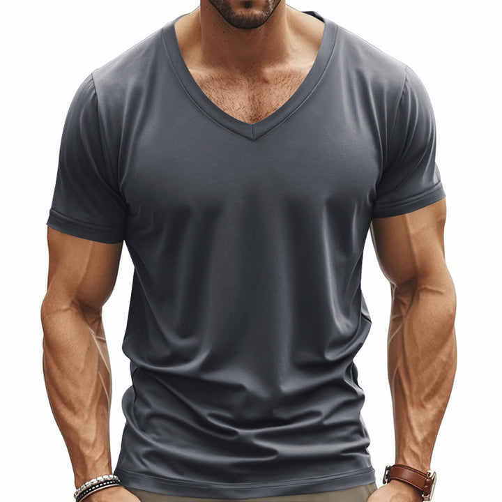 Men's V-neck T-shirt made of stretch cotton with ergonomic shoulder cut and flat hem Mune Fashion