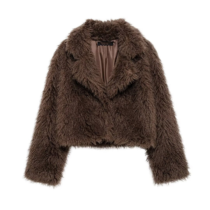Women Short Cut Teddy Faux Fur Jacket with Wide Lapel Collar and Soft Pile Mune Fashion