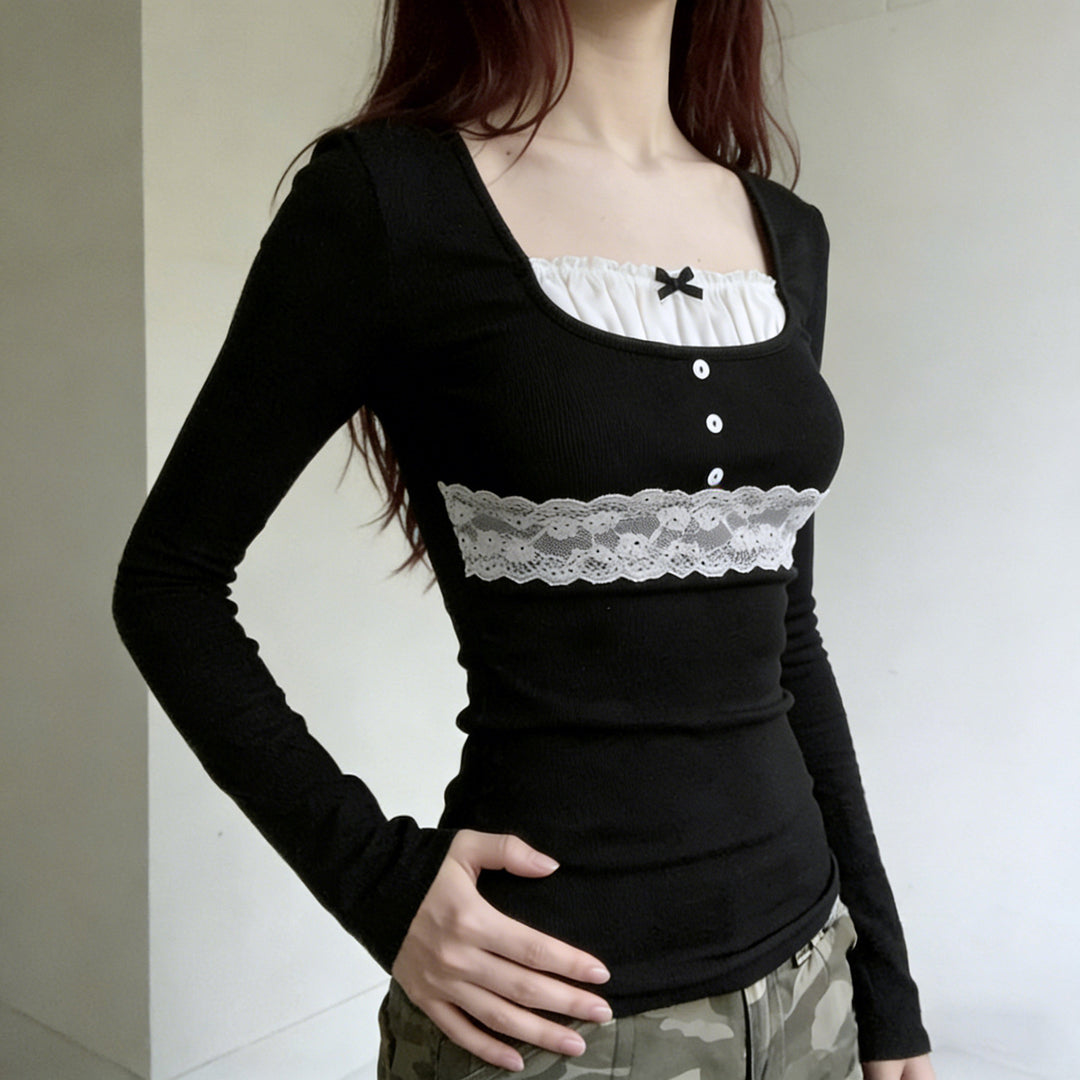 Women Long Sleeve Rib Shirt with Sewn-in Lace Trim, Carmen Neckline and Decorative Button Placket Mune Fashion