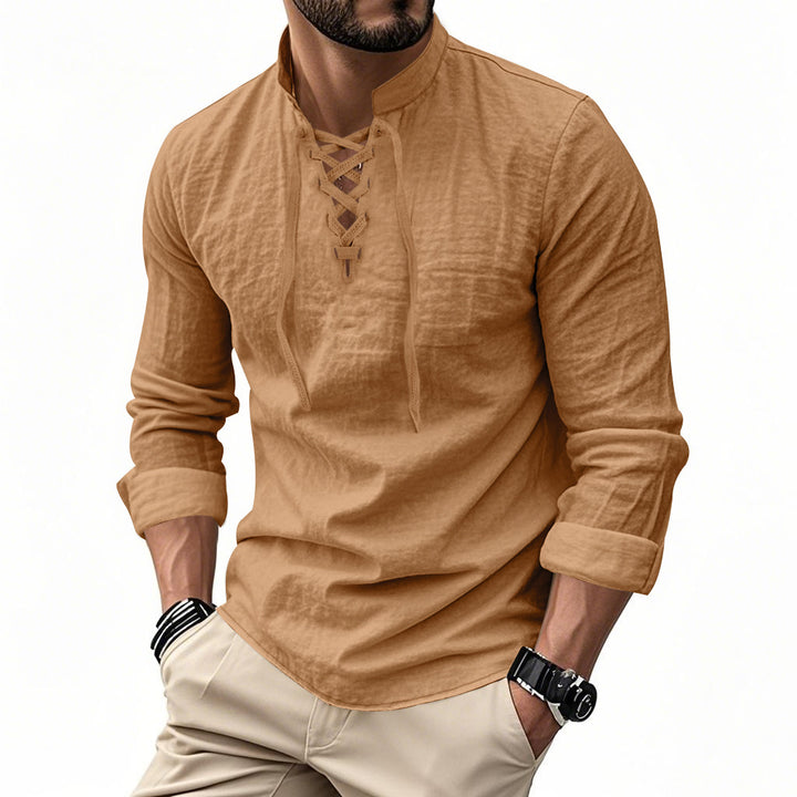 Men's casual sailor-style shirt with stand collar and lace-up front Mune Fashion