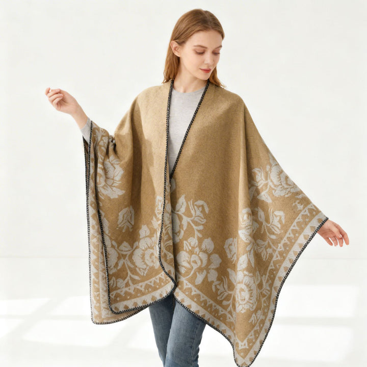 Women's Soft Oversized Cape Poncho in Flower Jacquard with Contrasted Overlocked Edge