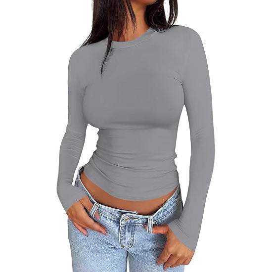 Ladies Body-hugging Long Sleeve Shirt in Cropped Look with Extended Sleeves and Thumb Hole Mune Fashion