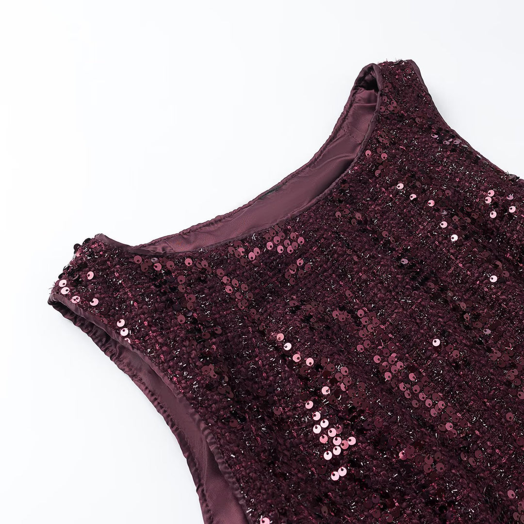 Women's Sequined Peplum Top with Round Neck and Figure-Flattering Waist Mune Fashion