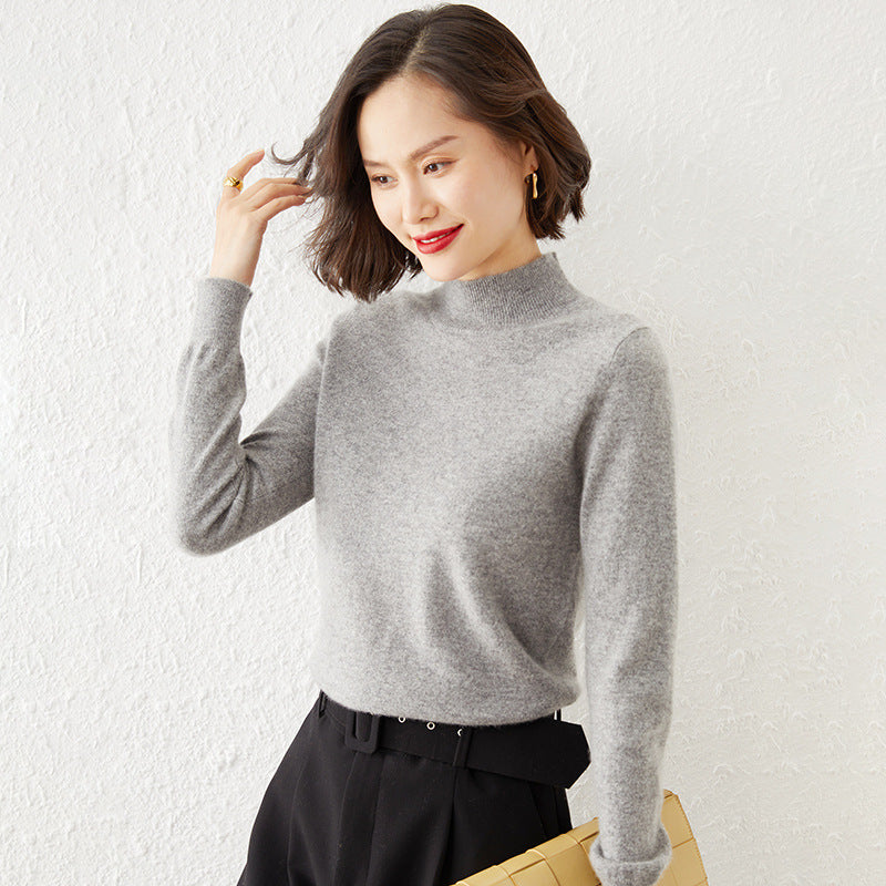 Women Luxurious Cashmere Fine Knit Sweater with Standing Collar Mune Fashion