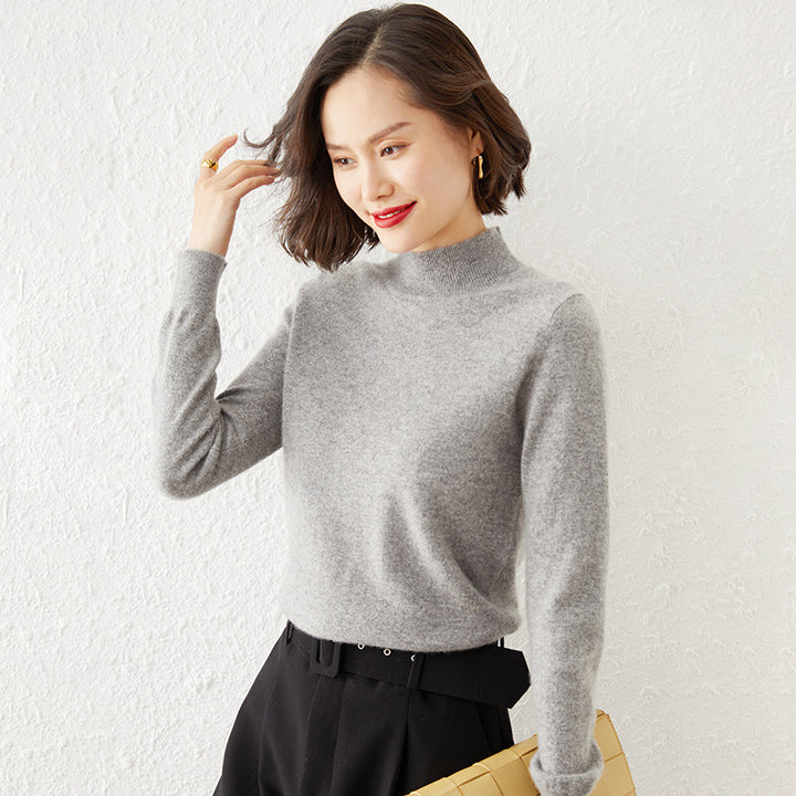 Women Luxurious Cashmere Fine Knit Sweater with Standing Collar Mune Fashion