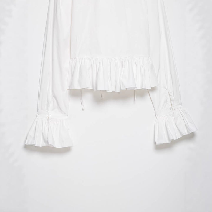 Women's Short Gathered Blouse with Drawstring, Ruffles, and Balloon Sleeves Mune Fashion