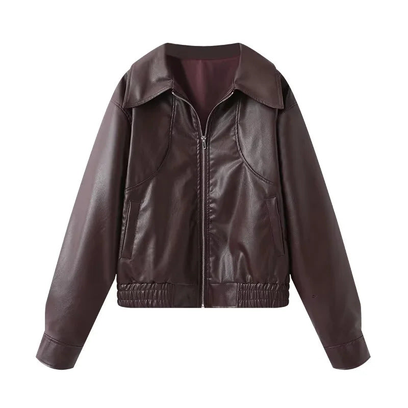 Women's fitted faux leather bomber jacket with large lapel collar, full-length zipper and elastic waistband Mune Fashion