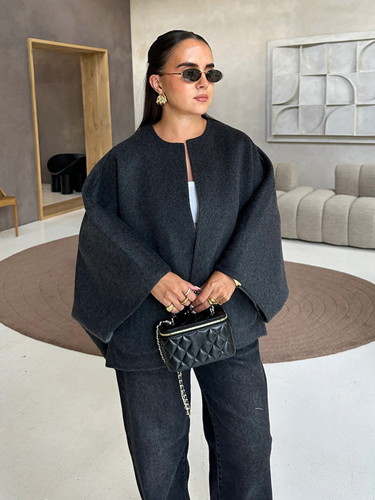 Women's Short Wool Blend Cape Jacket with Oversized Trumpet Sleeves Mune Fashion