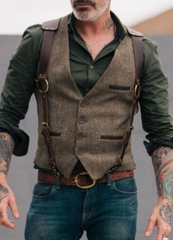 Men's Tweed Vest with Leather Straps and Vintage Details Mune Fashion