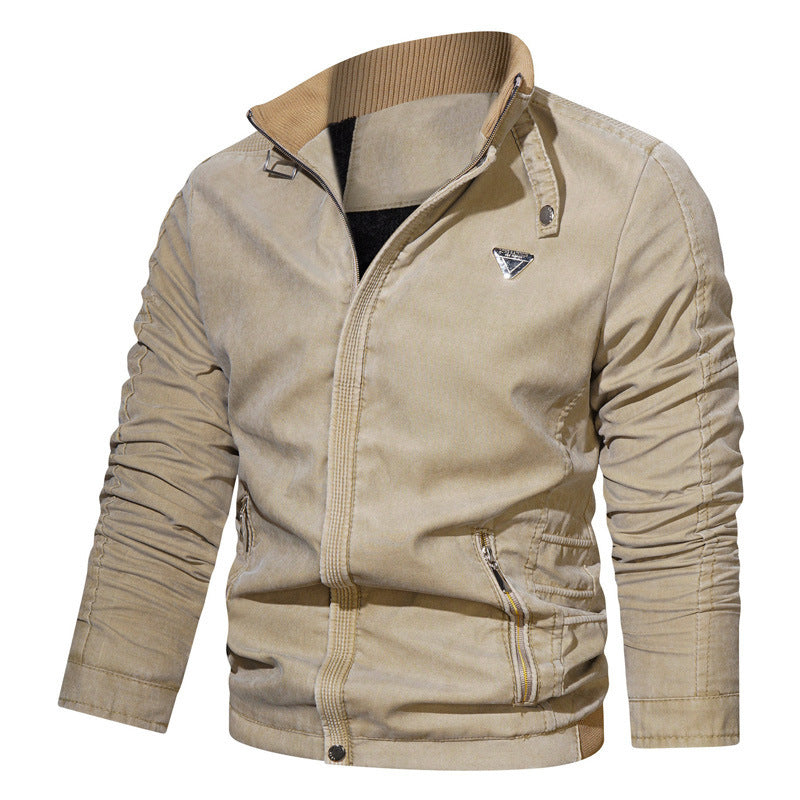 Men's Light Cotton Blend Zip Jacket with Stand Collar and Zipper Pockets Mune Fashion
