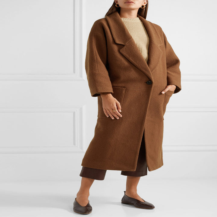 Women's Long Oversized Coat in Relaxed Wool Blend with Large Shawl Collar and Patch Pockets Mune Fashion