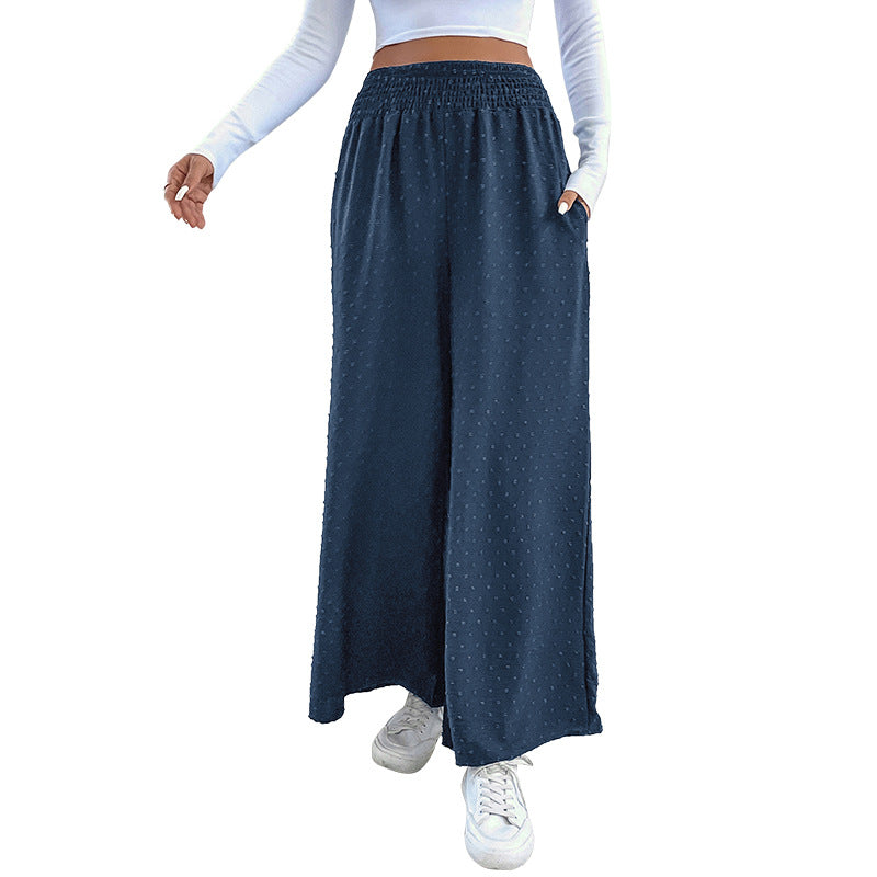 Women's Wide Lightweight Maxi Pants with Elastic Waistband, Structured Dot Texture and Side Pockets Mune Fashion