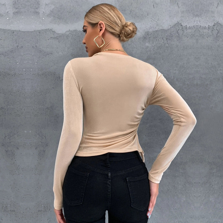 Ladies' figure-hugging long sleeve top with side gathering, drawstring and flattering sculpting fit Mune Fashion