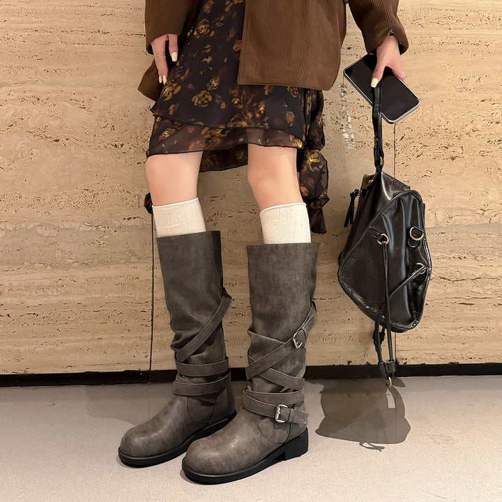 Women’s Knee-High Biker Boots with Wrap Straps and Adjustable Buckles Mune Fashion