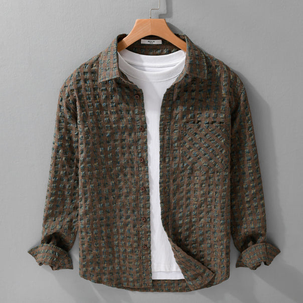 Men's Lightweight Crinkle Check Overshirt made of Cotton Blend with Applied Chest Pocket Mune Fashion