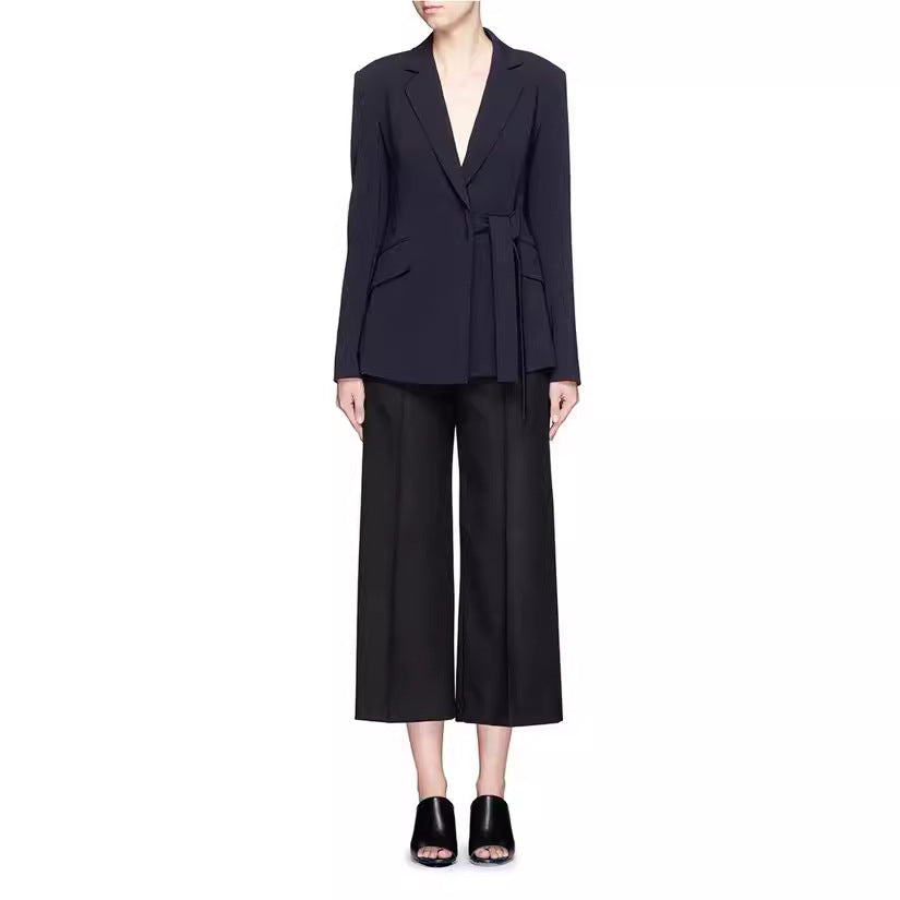 Ladies' shawl collar wrap blazer with side knot tie and patch pockets Mune Fashion