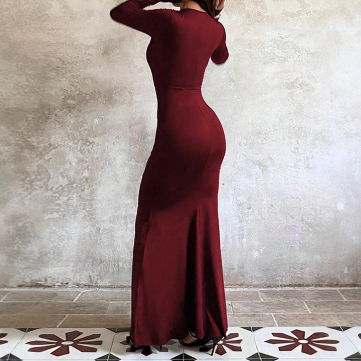Women's evening dress with long sleeves, ruched waist and asymmetrical ruffle Mune Fashion