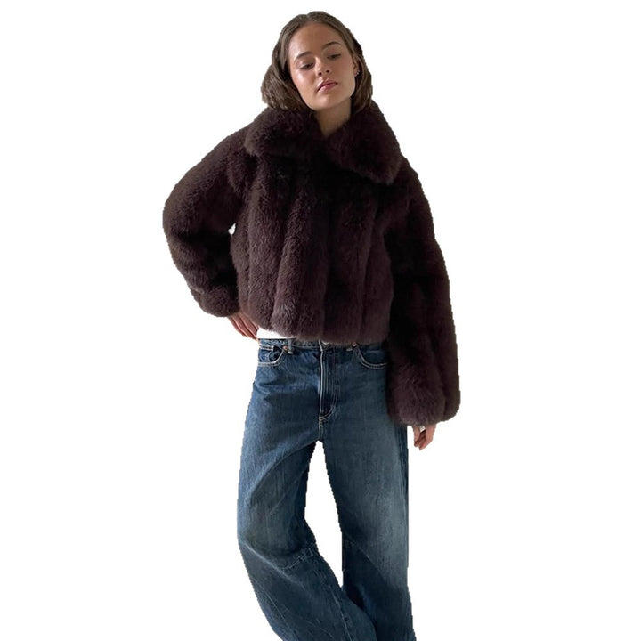Women's Short Cropped Faux Fur Jacket with Voluminous Shawl Collar and Boxy Silhouette Mune Fashion