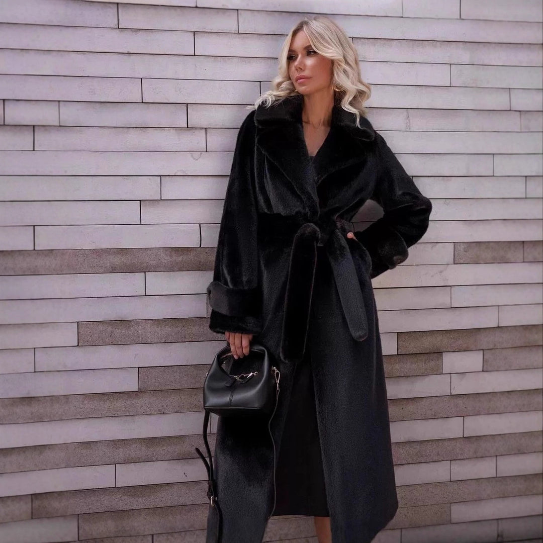 Women Elegant Maxi Wool Coat with Waist Belt, Wide Lapel and Roll-Up Cuffs Mune Fashion
