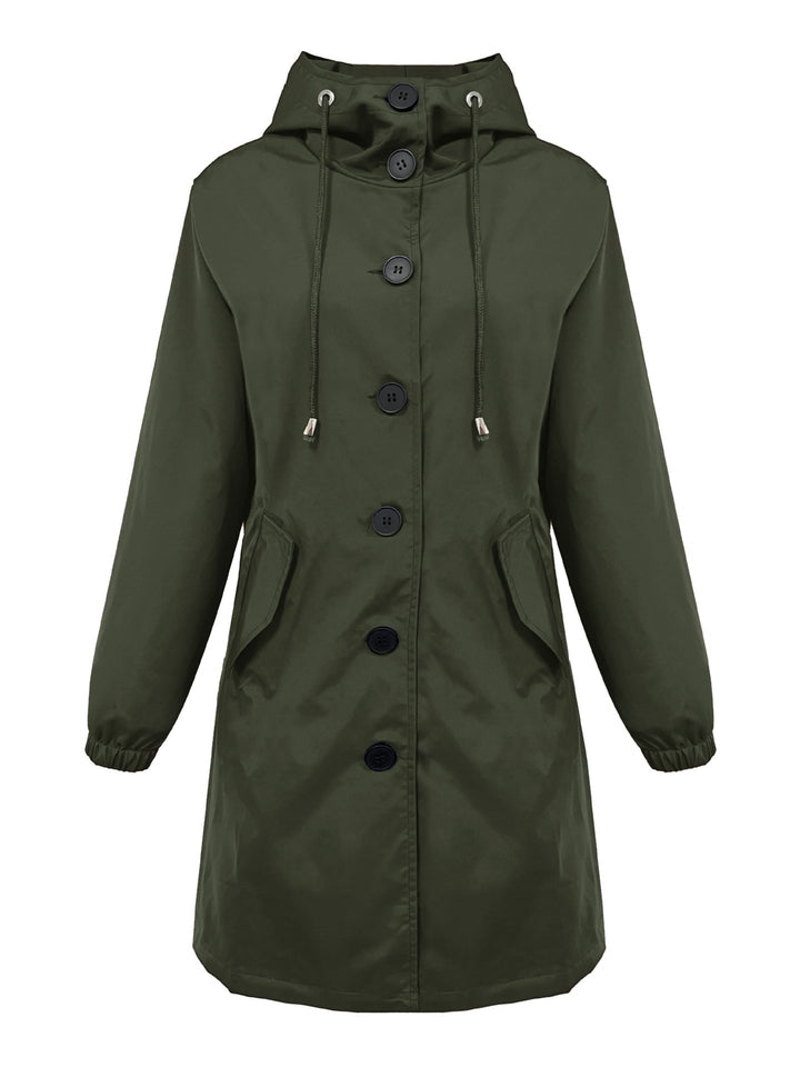 Women nan lightweight rain parka with hood, oversized button placket, drawstring and patch pockets Mune Fashion