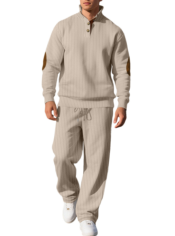 Men's fine ribbed sweater with half button placket, high stand-up collar, and contrasting suede elbow patches Mune Fashion