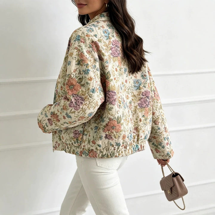 Women's Floral Jacquard Quilted Jacket with Standing Collar and Elastic Hem Drune