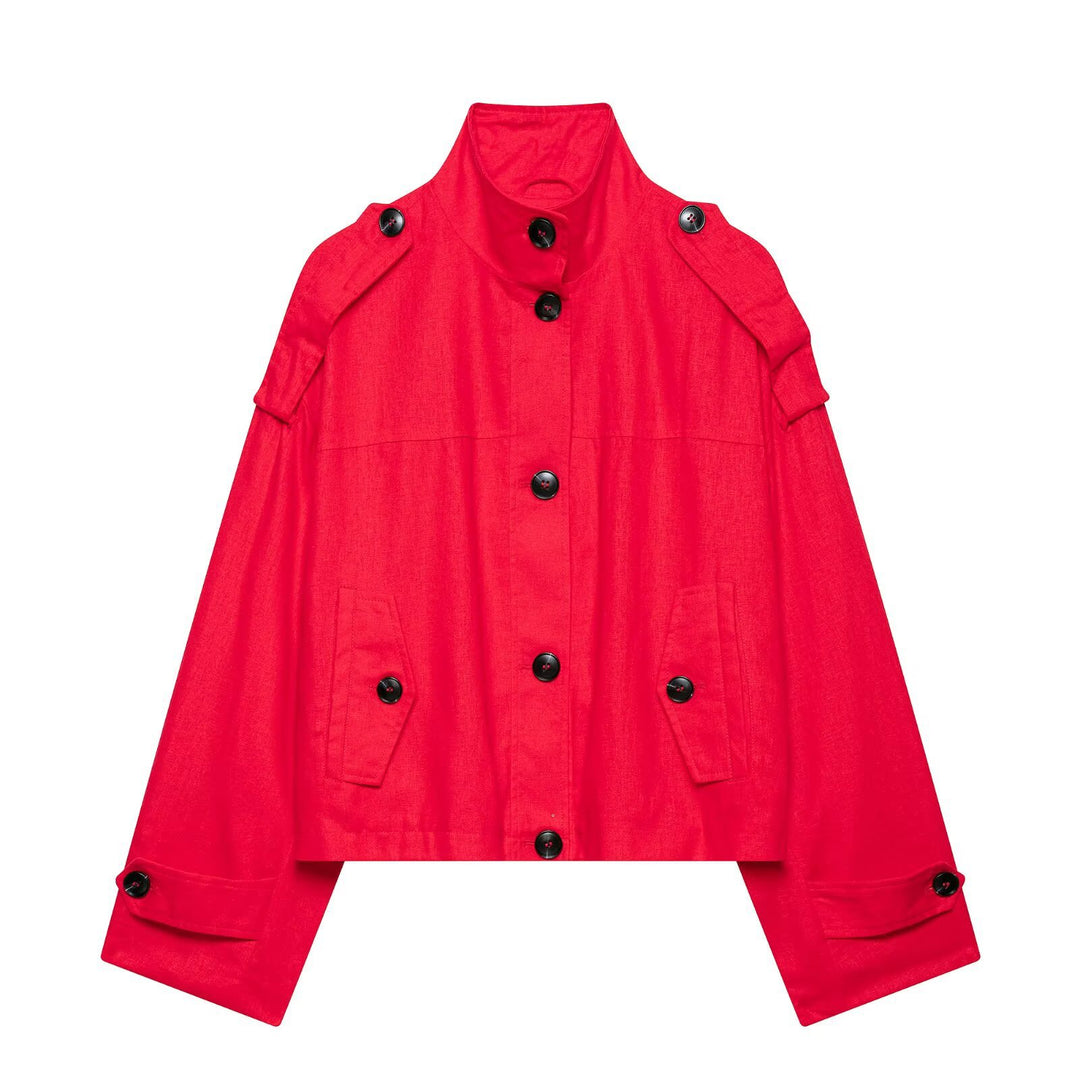Women's short cape jacket in boxy cropped trench style with stand collar and shoulder patches Mune Fashion