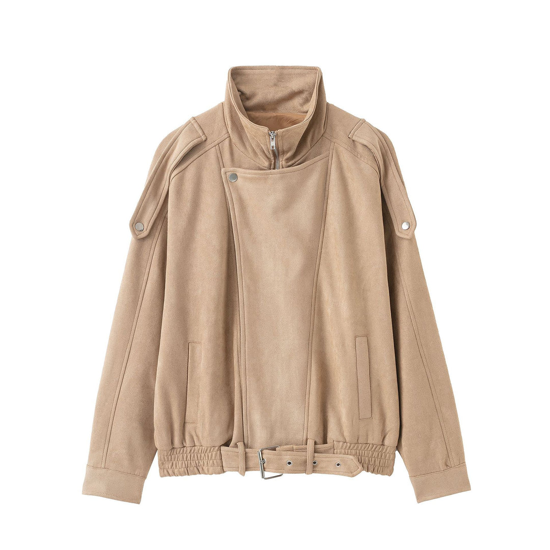 Women's short jacket in suede look with high stand-up collar, shoulder flaps and waist belt Mune Fashion