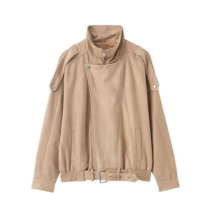 Women's short jacket in suede look with high stand-up collar, shoulder flaps and waist belt Mune Fashion